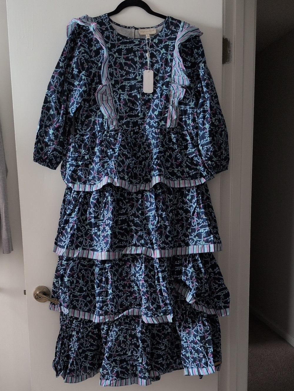 Girls Navy Floral Tiered Dress with Pink Trim